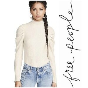 FREE PEOPLE Women Ela Mock Neck Puff Sleeve Long Sleeve Top Sz M Ivory Boho
